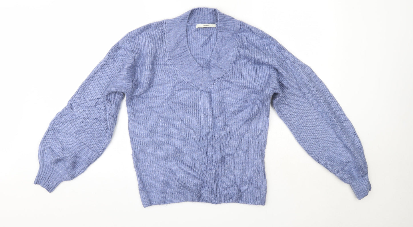 George Womens Blue V-Neck  Acrylic Pullover Jumper Size S