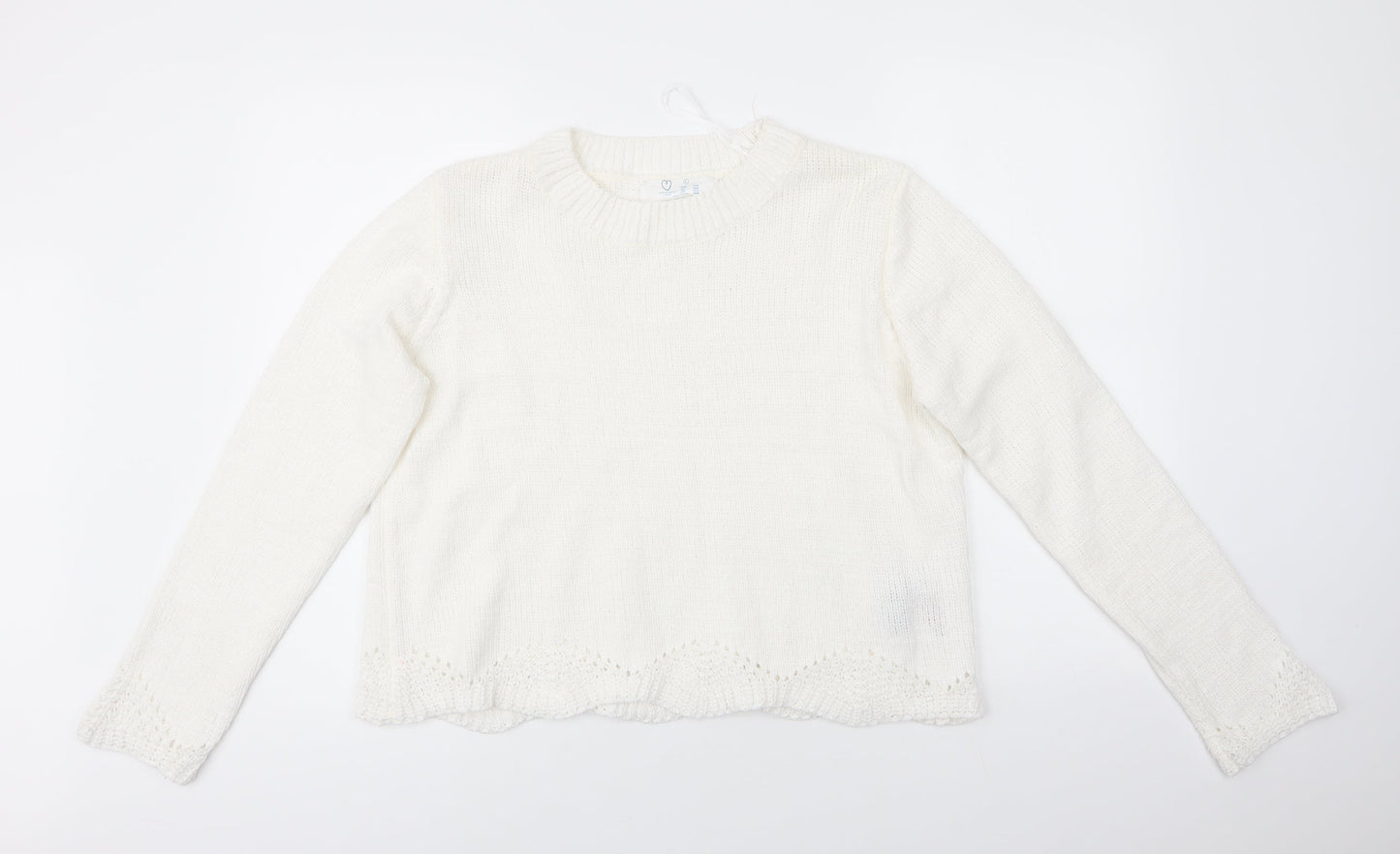 Primark Womens White Round Neck  Polyester Pullover Jumper Size L   - Scalloped Hemline