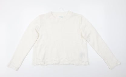 Primark Womens White Round Neck  Polyester Pullover Jumper Size L   - Scalloped Hemline