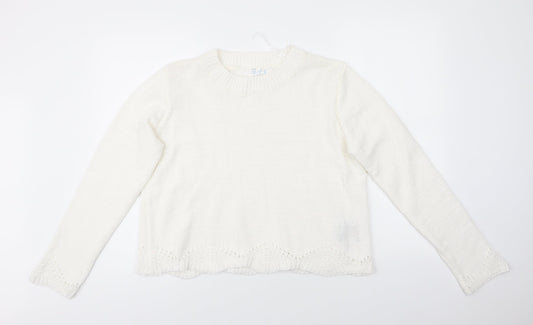 Primark Womens White Round Neck  Polyester Pullover Jumper Size L   - Scalloped Hemline