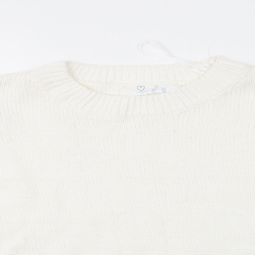 Primark Womens White Round Neck  Polyester Pullover Jumper Size L   - Scalloped Hemline