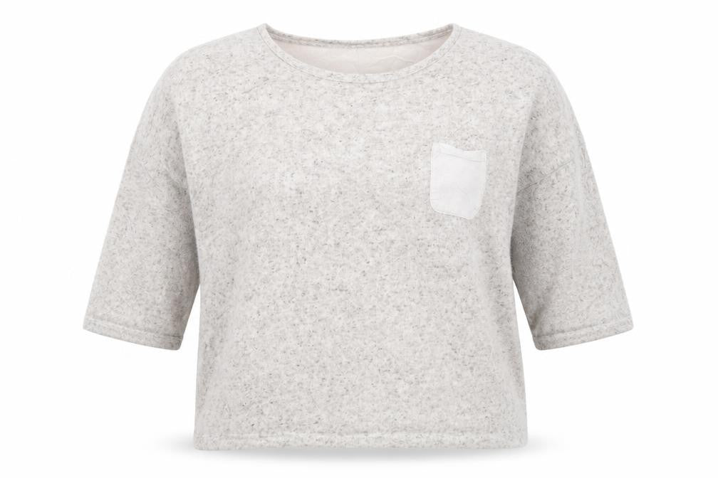 Front view of Limited Collection women’s beige round neck polyester jumper, - oatmeal fleck fabric panel to back & pocket