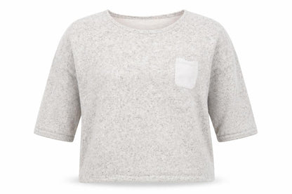 Front view of Limited Collection women’s beige round neck polyester jumper, - oatmeal fleck fabric panel to back & pocket
