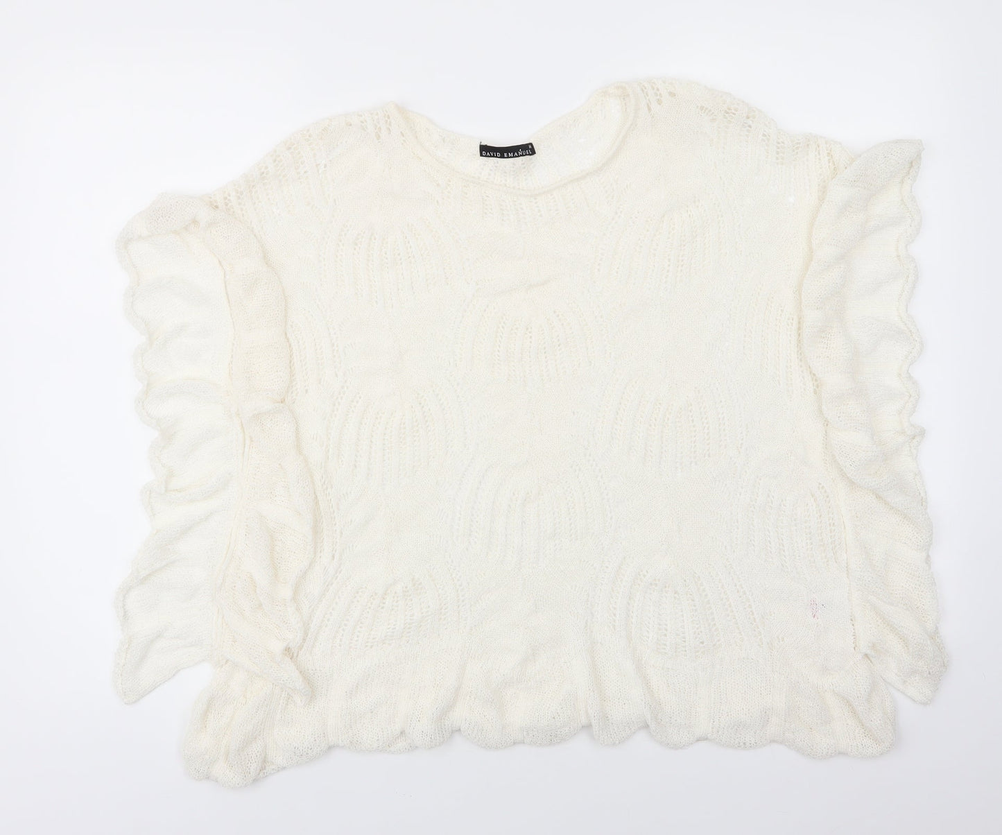 David Emanuel Womens Ivory Round Neck  Acrylic Pullover Jumper Size M   - Lace Like knit Ruffled edges
