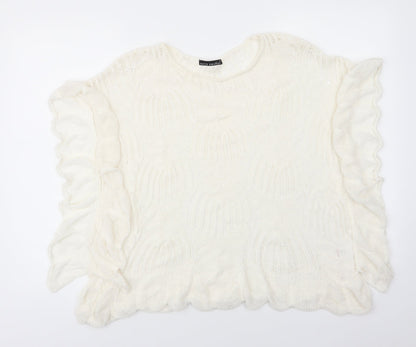 David Emanuel Womens Ivory Round Neck  Acrylic Pullover Jumper Size M   - Lace Like knit Ruffled edges
