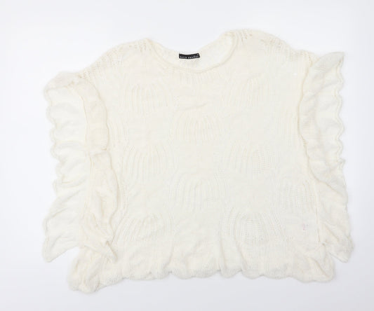 David Emanuel Womens Ivory Round Neck  Acrylic Pullover Jumper Size M   - Lace Like knit Ruffled edges