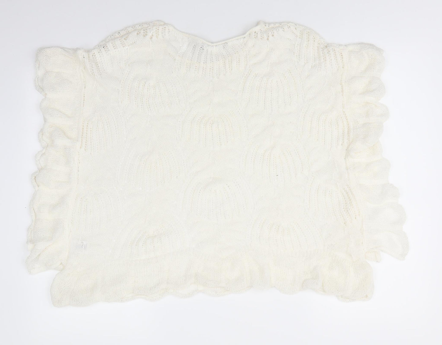 David Emanuel Womens Ivory Round Neck  Acrylic Pullover Jumper Size M   - Lace Like knit Ruffled edges