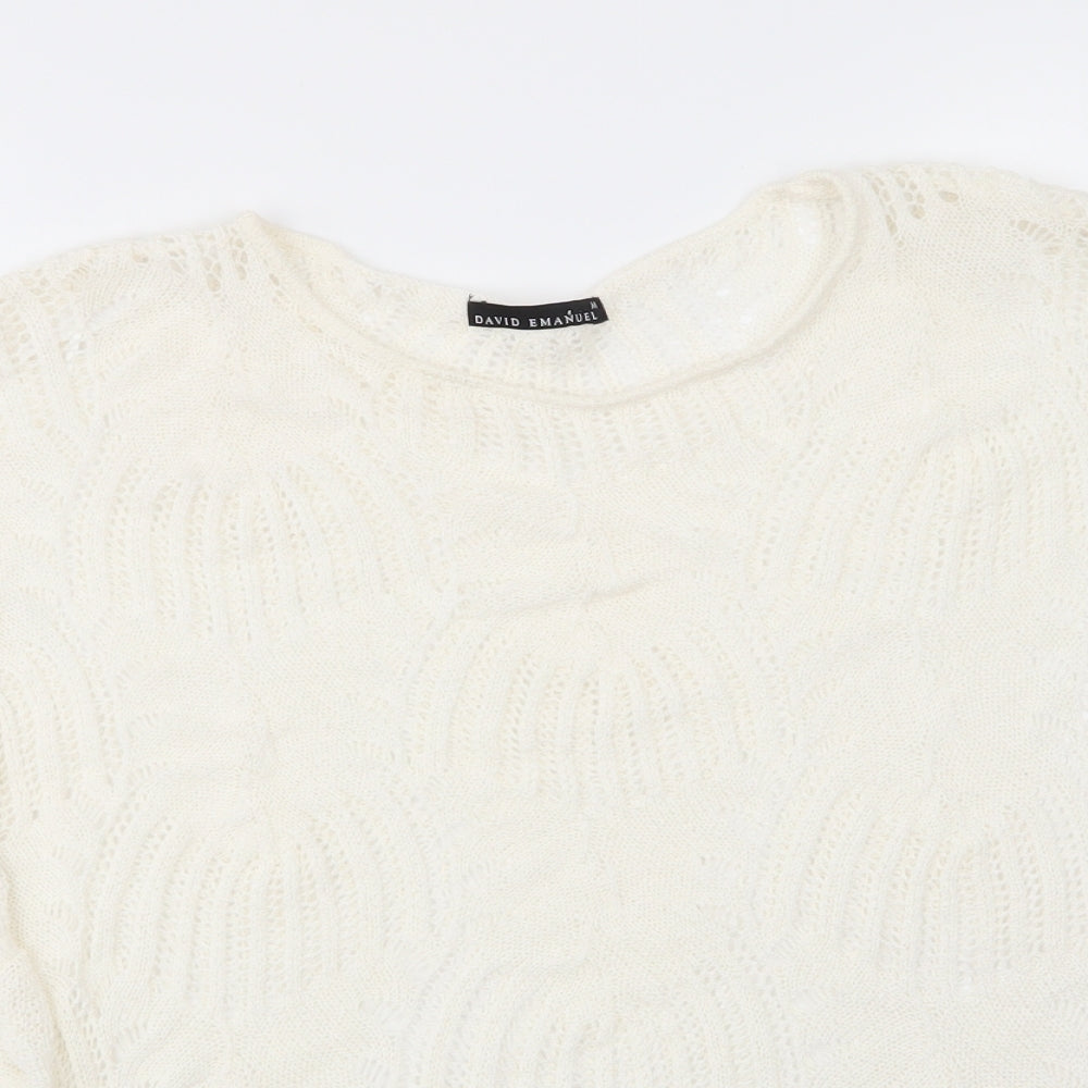 David Emanuel Womens Ivory Round Neck  Acrylic Pullover Jumper Size M   - Lace Like knit Ruffled edges