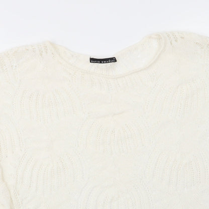 David Emanuel Womens Ivory Round Neck  Acrylic Pullover Jumper Size M   - Lace Like knit Ruffled edges