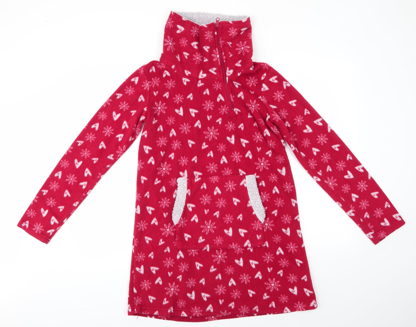 Avon Womens Red Geometric Polyester  Nightshirt Size 6  Zip - Snowflake & heart print Henley Front Pocket
