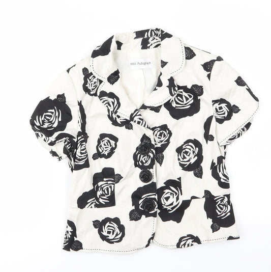 Autograph Womens Ivory Floral  Jacket  Size 12  Button - Black rose print Blouse style jacket Top stitching details Large flower buttons