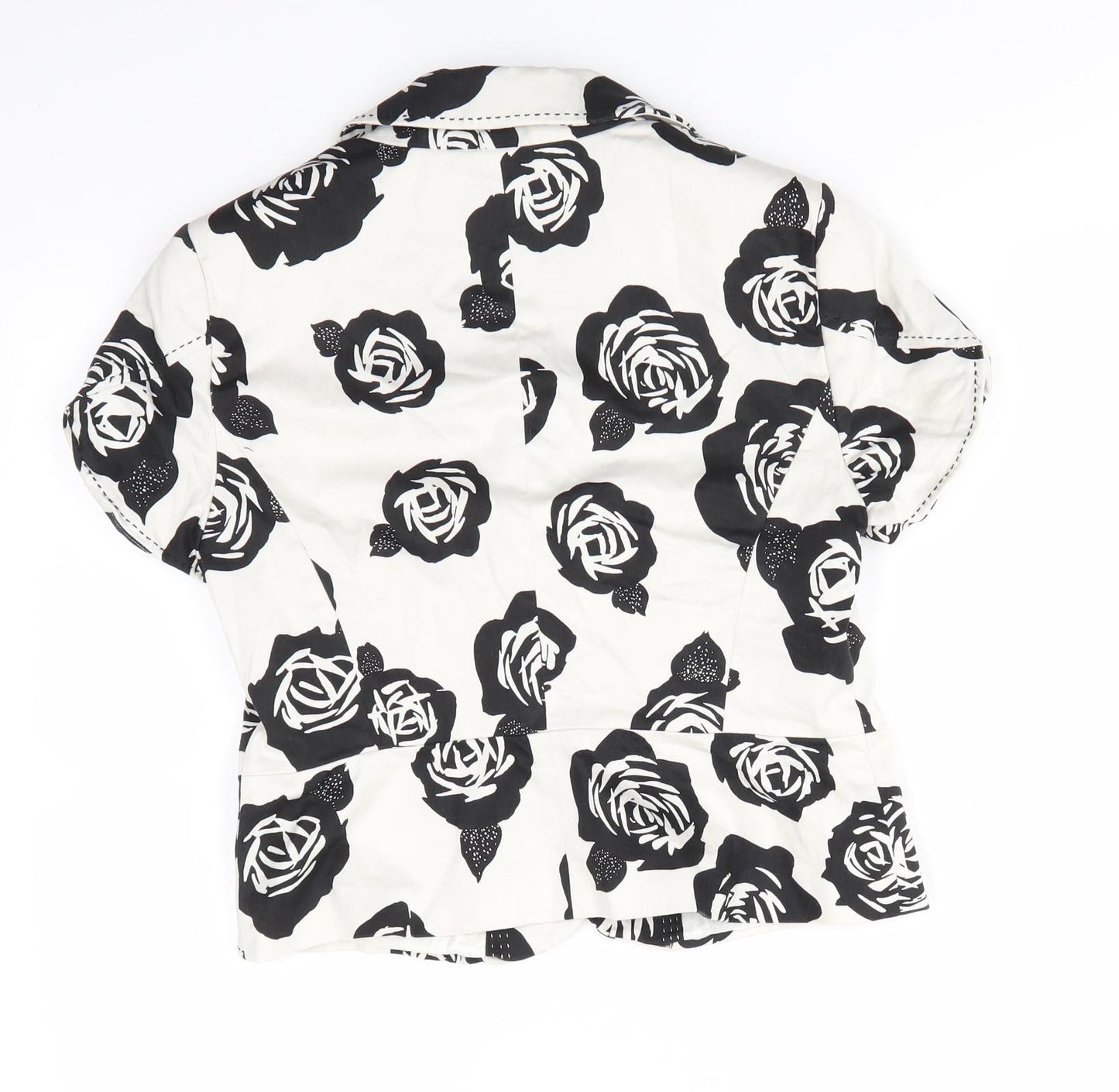 Autograph Womens Ivory Floral  Jacket  Size 12  Button - Black rose print Blouse style jacket Top stitching details Large flower buttons