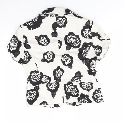 Autograph Womens Ivory Floral  Jacket  Size 12  Button - Black rose print Blouse style jacket Top stitching details Large flower buttons