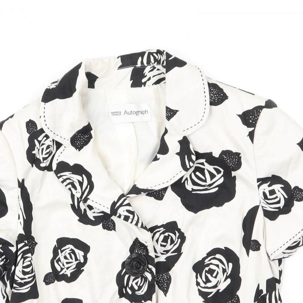 Autograph Womens Ivory Floral  Jacket  Size 12  Button - Black rose print Blouse style jacket Top stitching details Large flower buttons