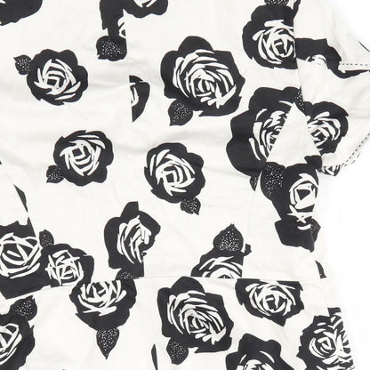 Autograph Womens Ivory Floral  Jacket  Size 12  Button - Black rose print Blouse style jacket Top stitching details Large flower buttons
