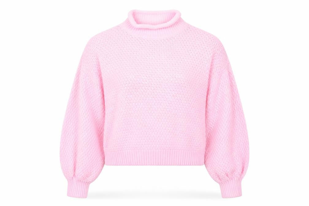Front view of PRETTYLITTLETHING women’s pink high neck acrylic jumper, size M, - fondant pink