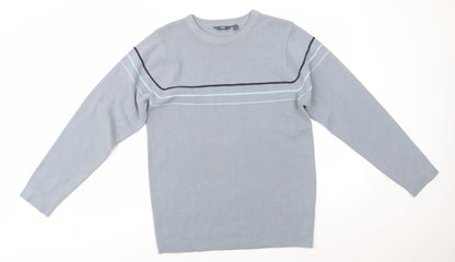 Easy Mens Grey Round Neck Striped Acrylic Pullover Jumper Size S   - Dark blue Light blue Grey Stripe
