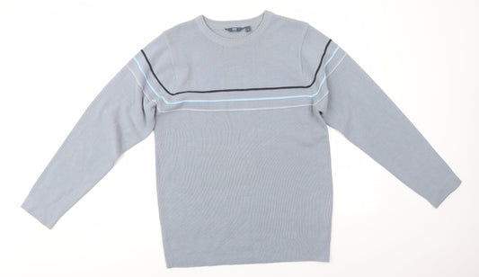 Easy Mens Grey Round Neck Striped Acrylic Pullover Jumper Size S   - Dark blue Light blue Grey Stripe