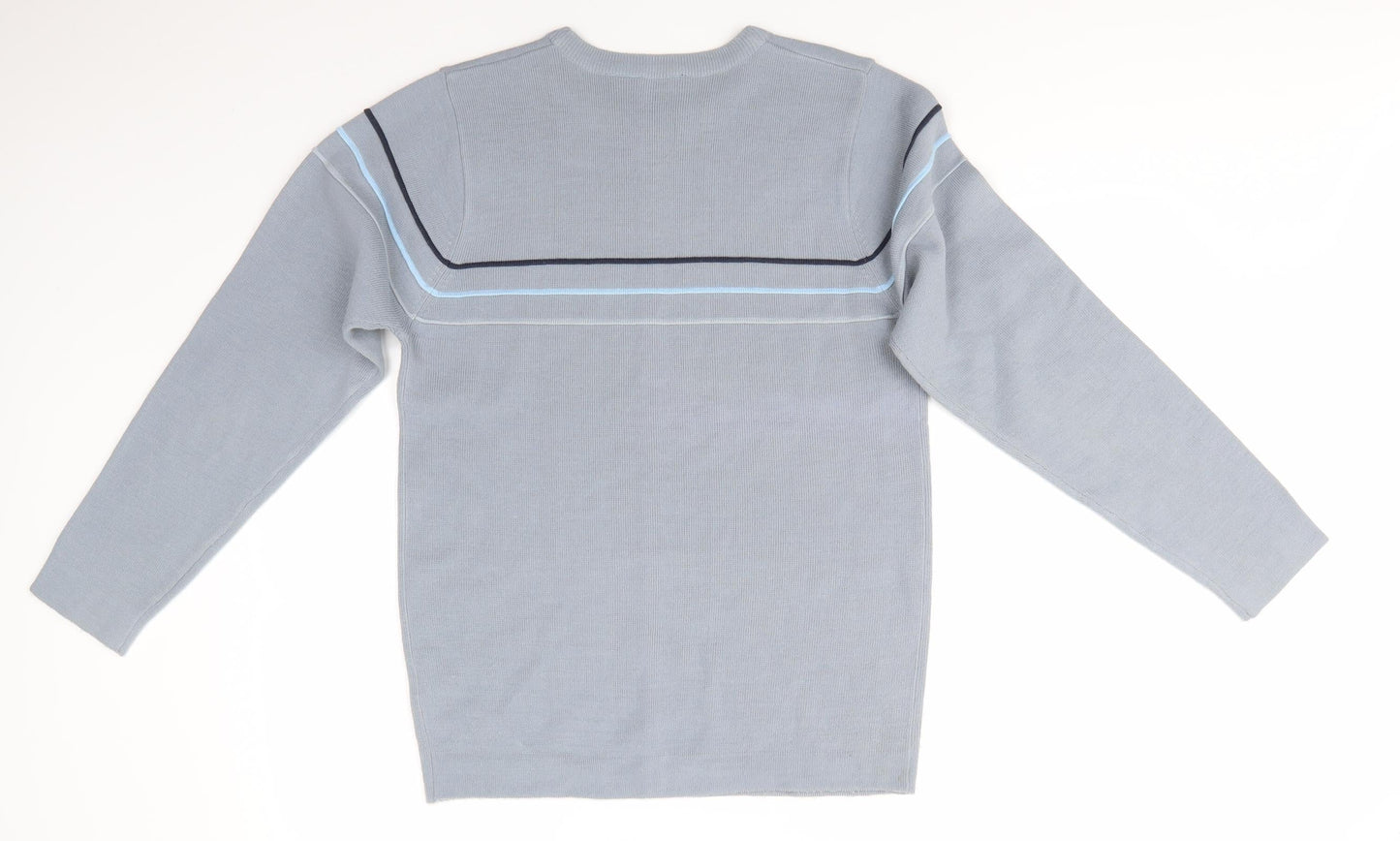 Easy Mens Grey Round Neck Striped Acrylic Pullover Jumper Size S   - Dark blue Light blue Grey Stripe