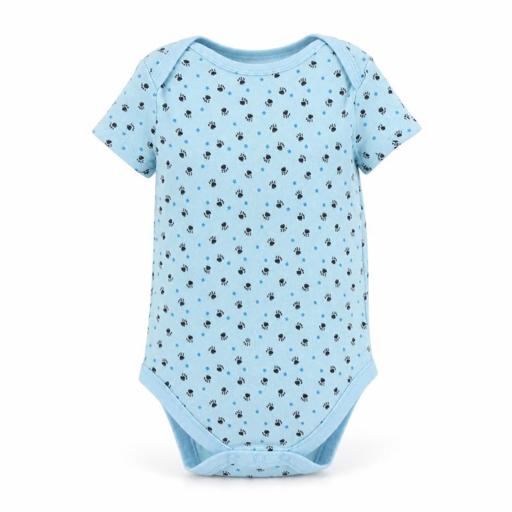 Front view of Pep&Co Blue Geometric Cotton Romper One-Piece, size 18-24, Months Snap - Paw Print