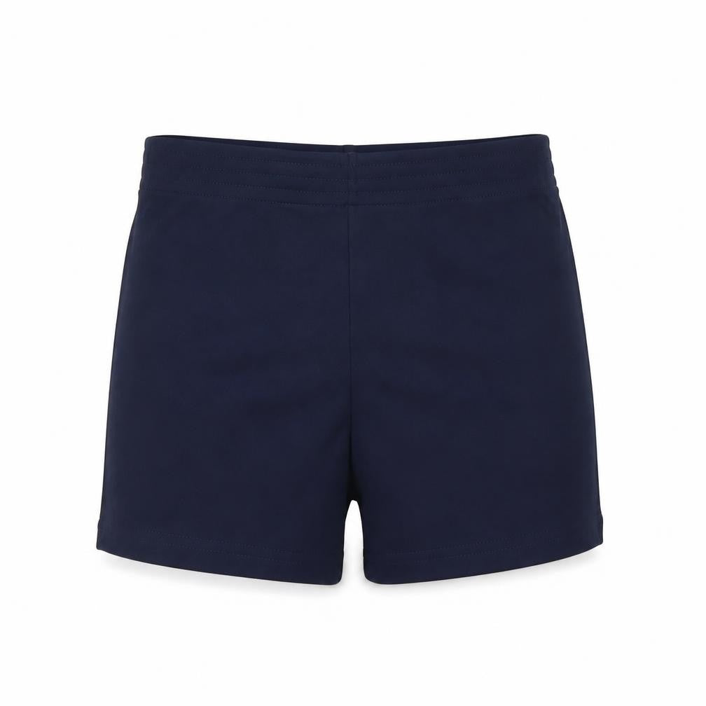 Front view of Medallion women’s blue nylon compression shorts, size UK 6, 3-inch leg regular