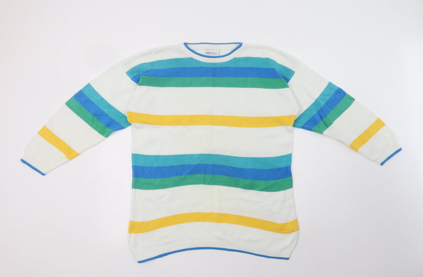 BHS Womens Multicoloured Crew Neck Striped Cotton Pullover Jumper Size 12