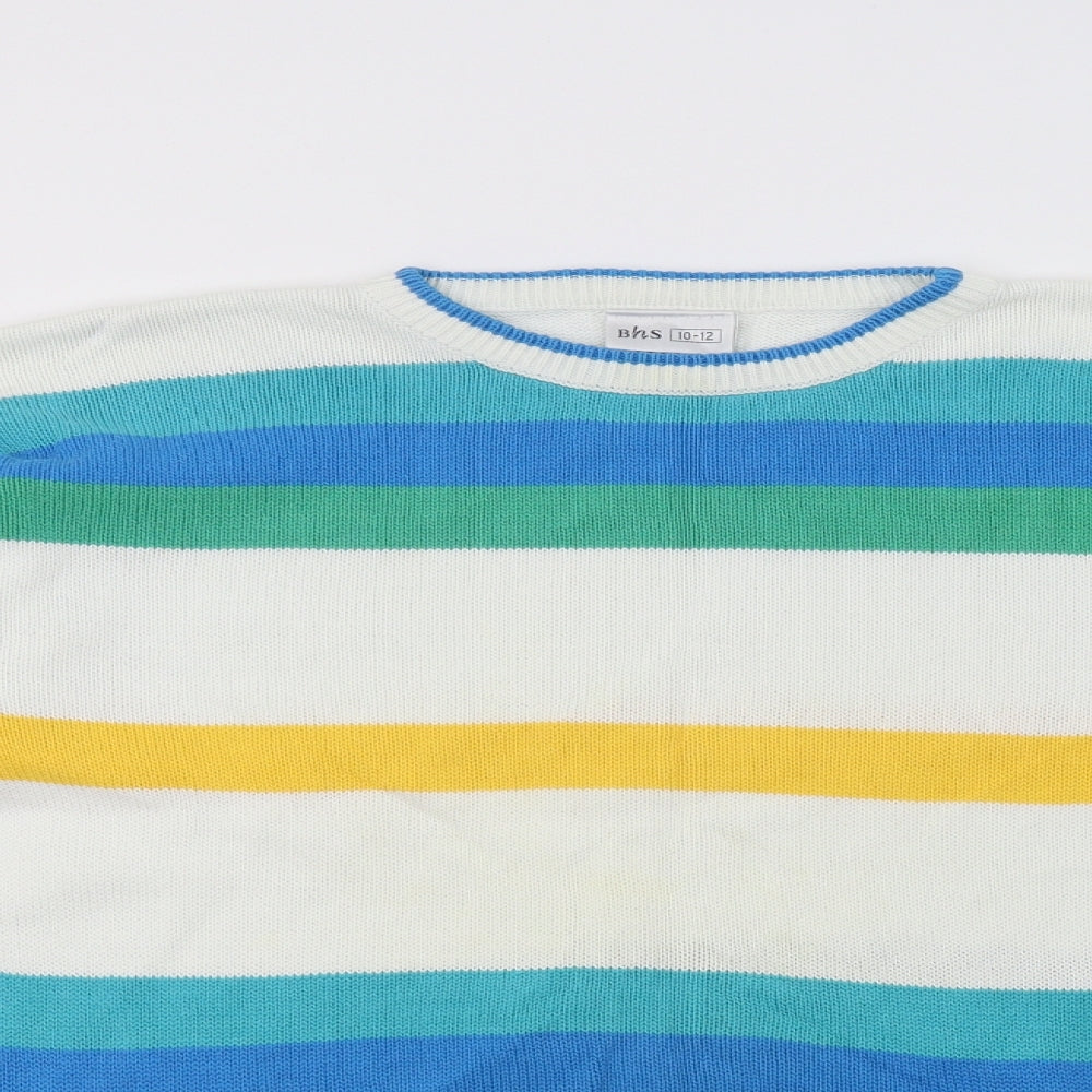 BHS Womens Multicoloured Crew Neck Striped Cotton Pullover Jumper Size 12