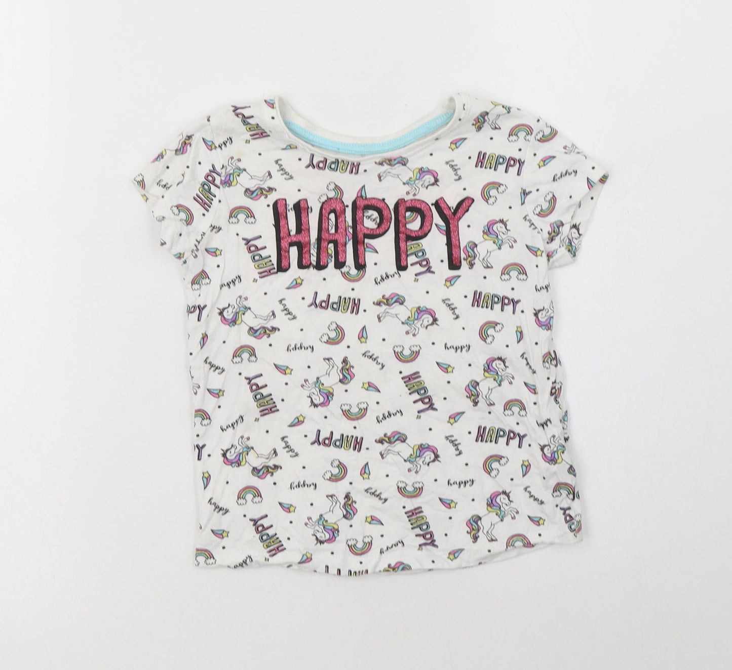 Primark Girls White Geometric Cotton Basic T-Shirt Size 3-4 Years Crew Neck  - Unicorn Print