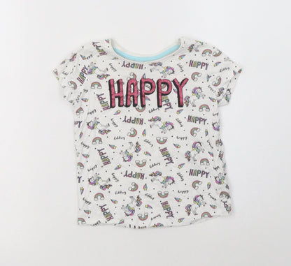Primark Girls White Geometric Cotton Basic T-Shirt Size 3-4 Years Crew Neck  - Unicorn Print