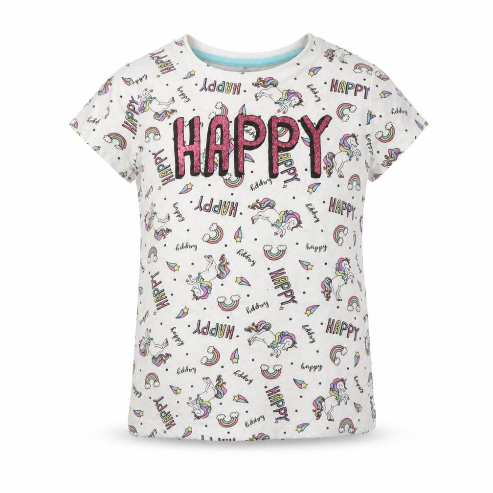 Front view of Primark girls’ white geometric cotton basic t-shirt, size 3-4, years crew neck - unicorn print