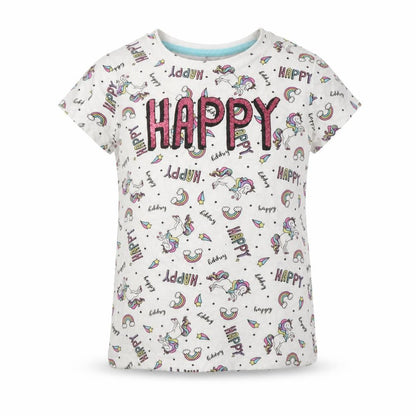 Front view of Primark girls’ white geometric cotton basic t-shirt, size 3-4, years crew neck - unicorn print