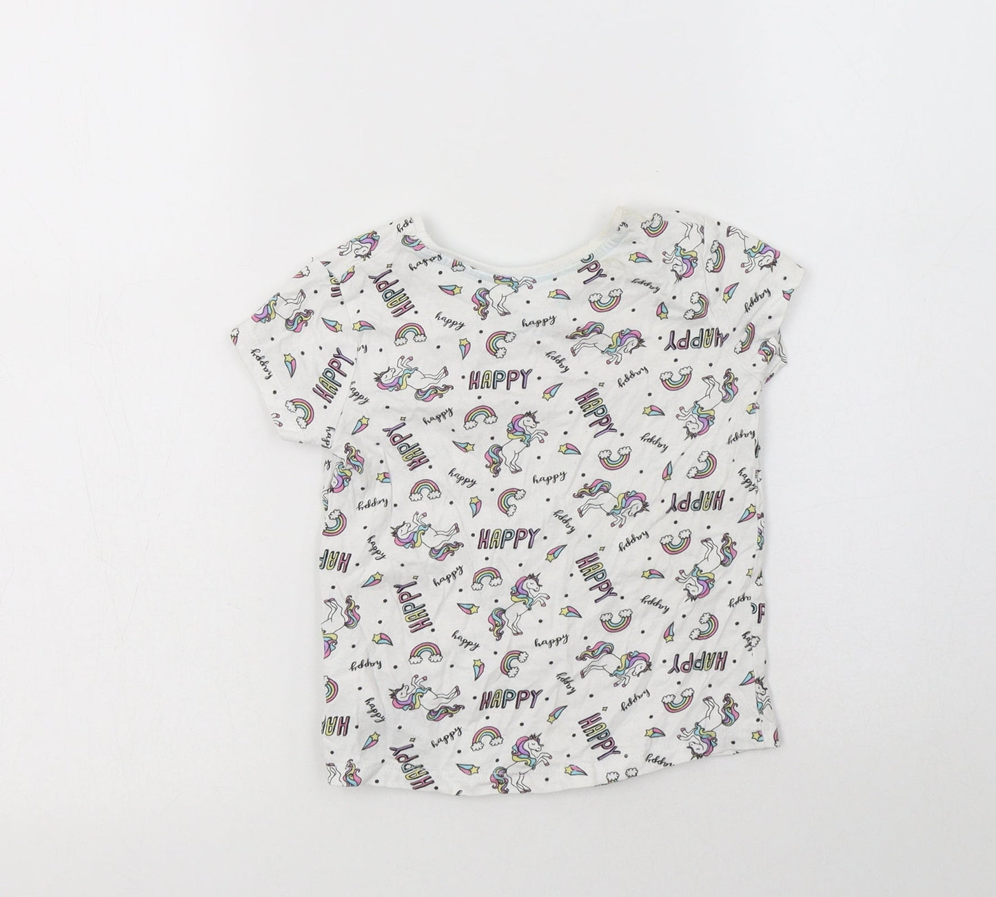 Primark Girls White Geometric Cotton Basic T-Shirt Size 3-4 Years Crew Neck  - Unicorn Print