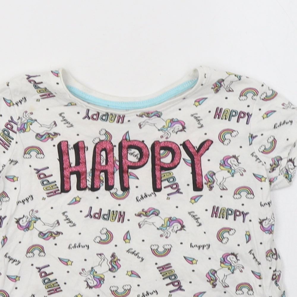Primark Girls White Geometric Cotton Basic T-Shirt Size 3-4 Years Crew Neck  - Unicorn Print