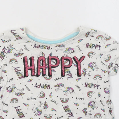 Primark Girls White Geometric Cotton Basic T-Shirt Size 3-4 Years Crew Neck  - Unicorn Print