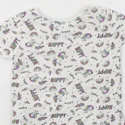 Primark Girls White Geometric Cotton Basic T-Shirt Size 3-4 Years Crew Neck  - Unicorn Print
