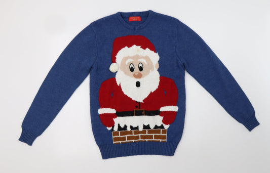 Primark Womens Blue Crew Neck  Acrylic Pullover Jumper Size S   - Santa