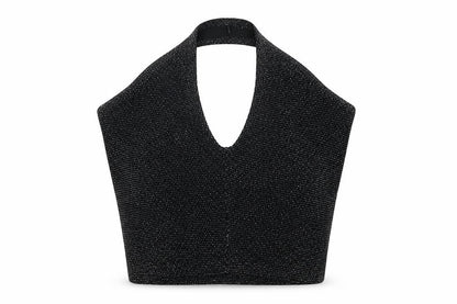 Front view of PRETTYLITTLETHING women’s black nylon cropped tank, size UK 4, halter
