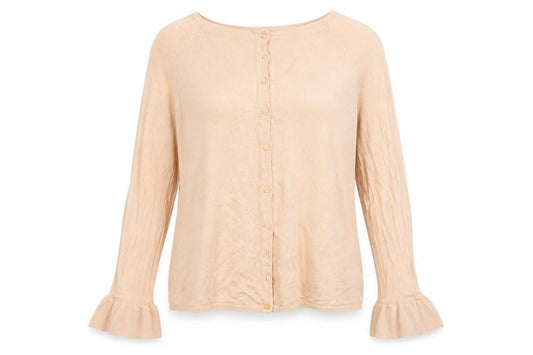 Front view of Marks & Spencer women’s pink round neck acrylic cardigan jumper, size UK 12