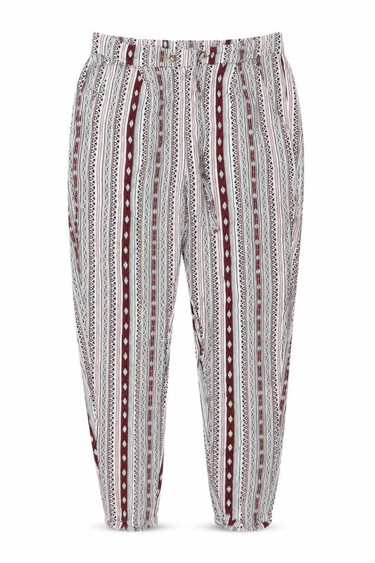 Front view of Atmosphere women’s multicoloured geometric viscose bloomer trousers, size UK 12, 27-inch leg regular