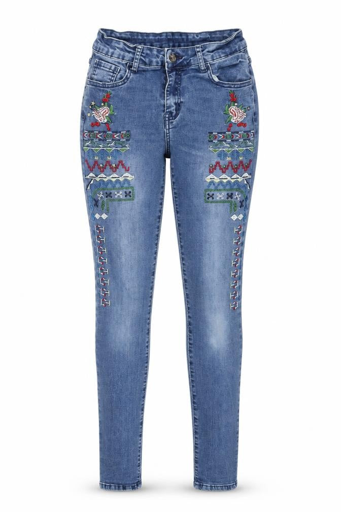 Front view of ONADO women’s black geometric cotton skinny jeans, size M, 29-inch leg regular
