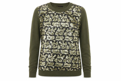 Front view of Yes Miss women’s multicoloured round neck camouflage cotton jumper, size S