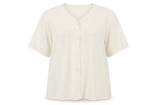 Front view of Berkertex women’s ivory polyester basic button-up, size UK 18, round neck