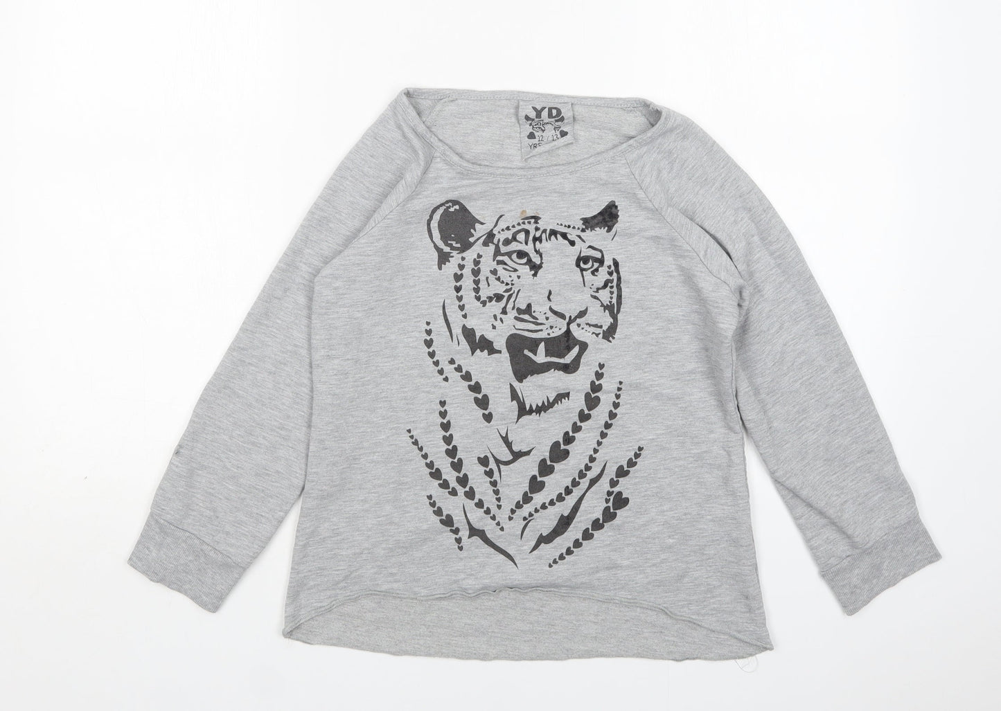Young Dimension Girls Grey Round Neck Animal Print Cotton Pullover Jumper Size 12-13 Years