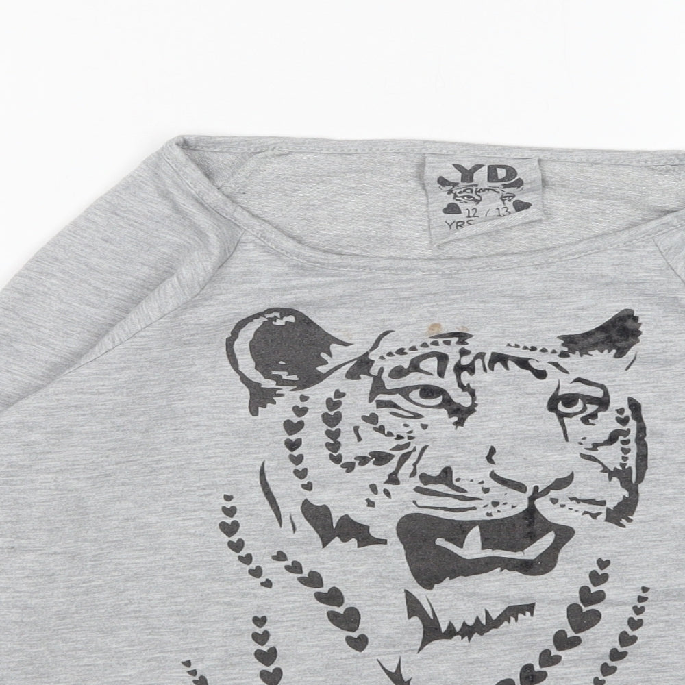 Young Dimension Girls Grey Round Neck Animal Print Cotton Pullover Jumper Size 12-13 Years