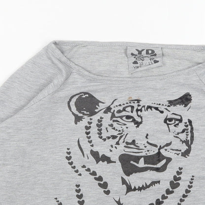Young Dimension Girls Grey Round Neck Animal Print Cotton Pullover Jumper Size 12-13 Years