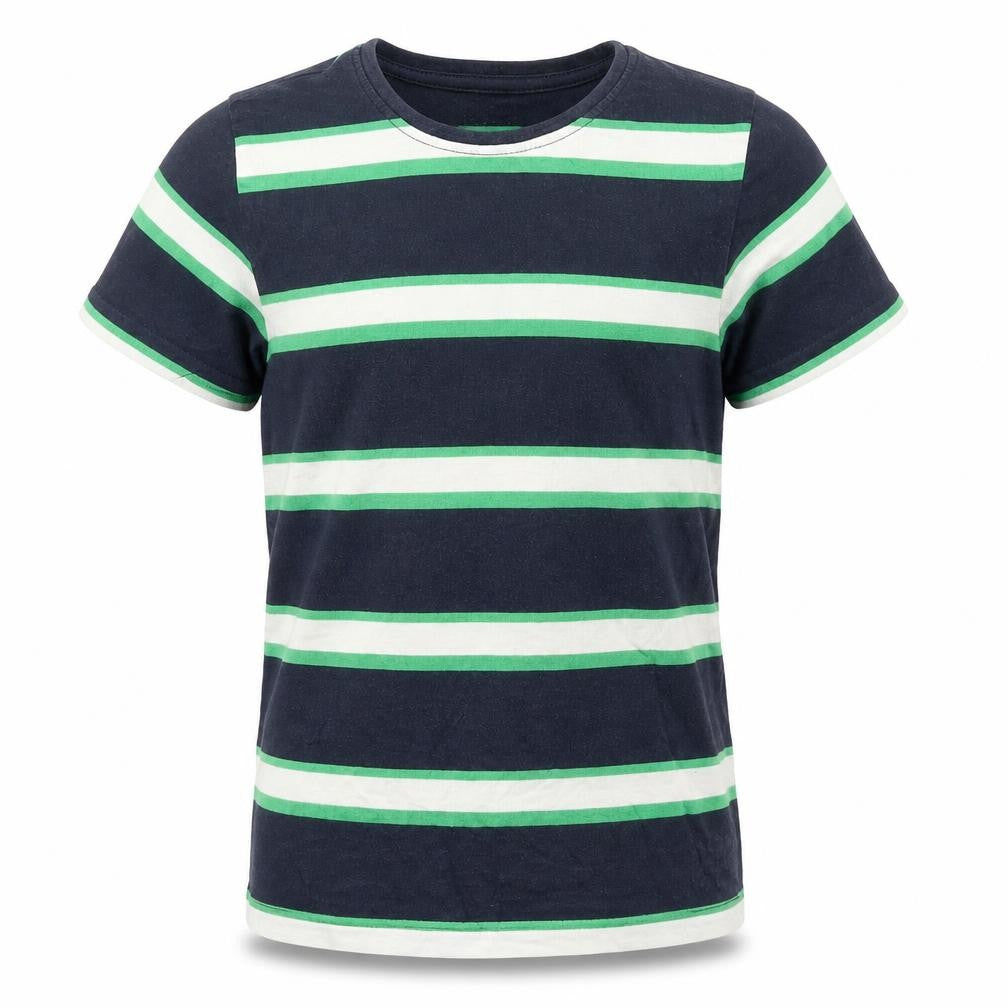 Front view of Primark boys’ blue striped cotton basic t-shirt, size 10-11, years round neck