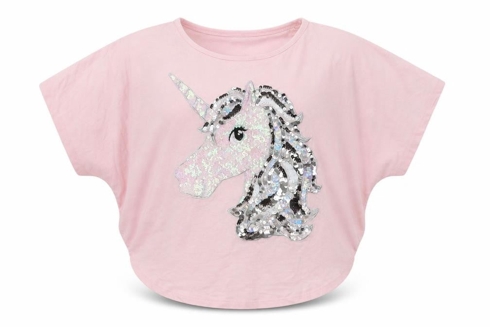 Front view of Blue Zoo girls’ pink viscose basic t-shirt, size 7-8, years round neck - unicorn