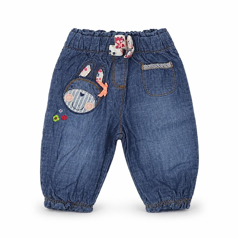 Front view of Next Baby Blue Cotton Jogger Jeans, size 3-6, Months Drawstring - Bunny