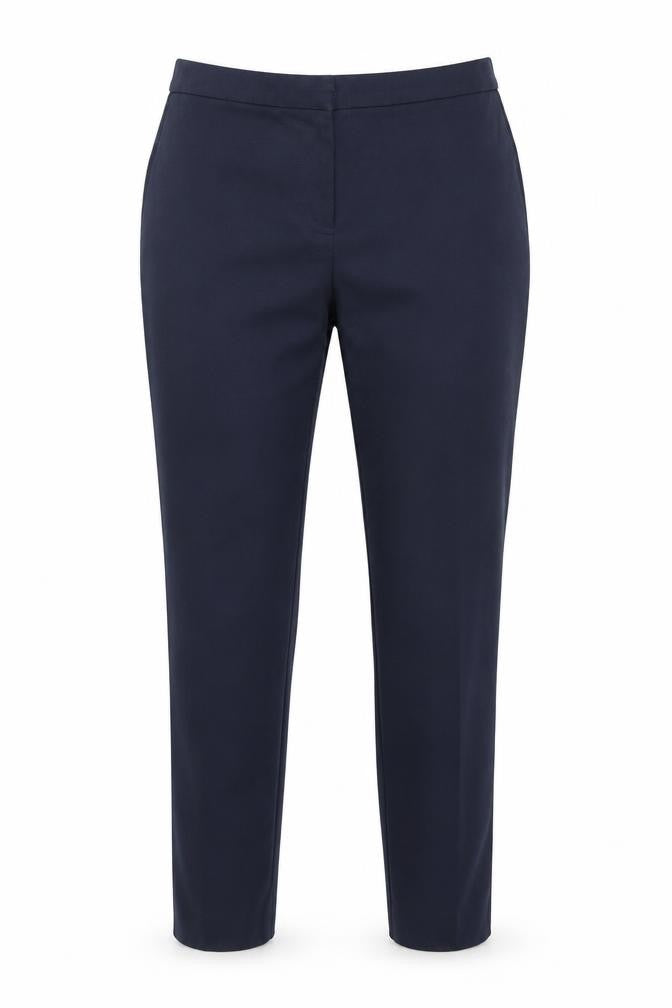 Front view of Dunnes women’s blue polyester dress pants trousers, size UK 14, 26-inch leg regular