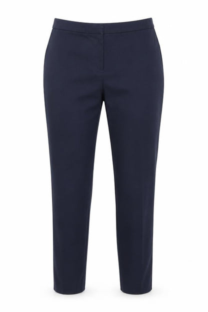 Front view of Dunnes women’s blue polyester dress pants trousers, size UK 14, 26-inch leg regular